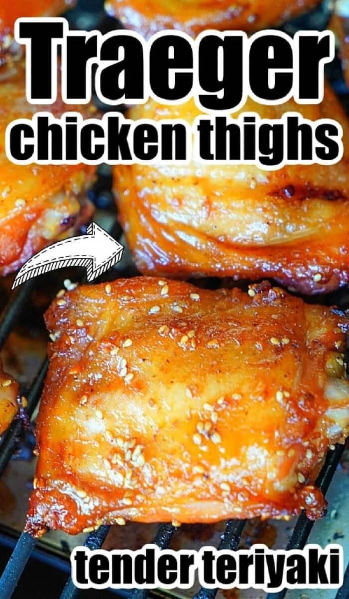 Close-up of glazed traeger smoked chicken thighs on a grill rack with text overlay about Traeger chicken thighs.