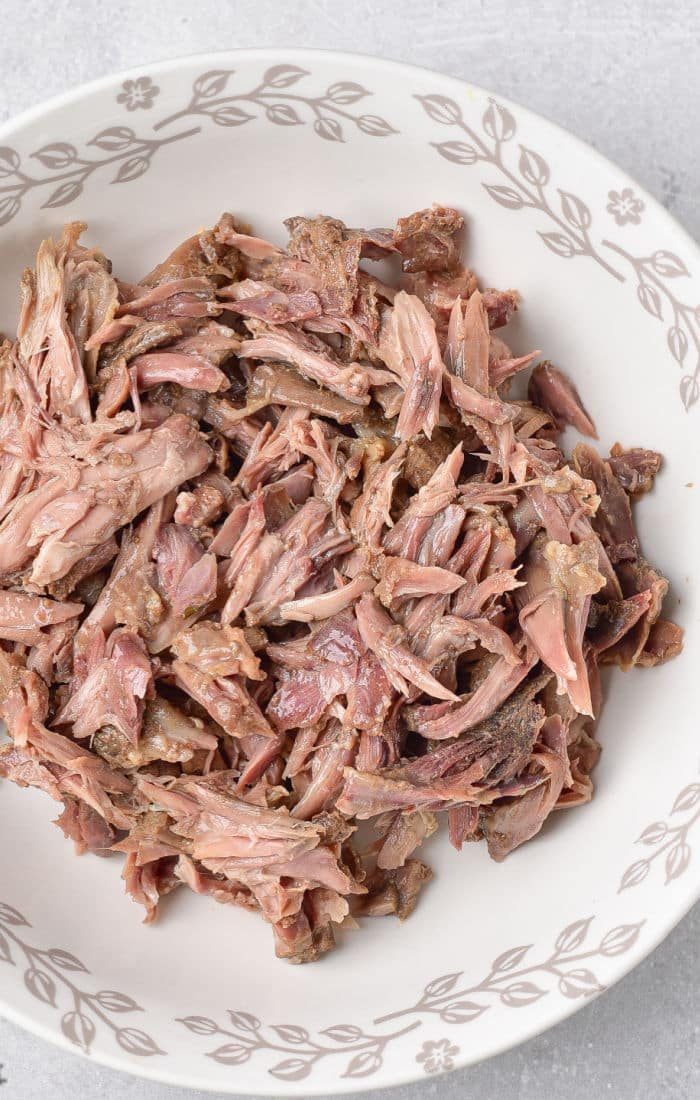 The shredded rich turkey neck gravy.