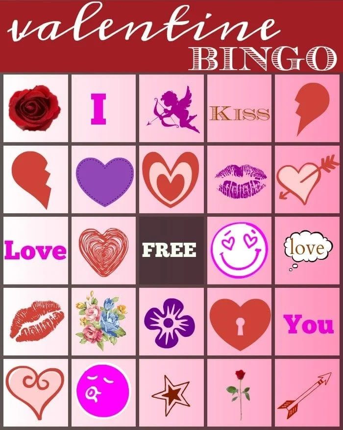 Valentine bingo comes to life with a themed card featuring icons like a rose, cupid, heart shapes, lips, and an arrow. You'll also find flowers and the words Love, Kiss, and You adorning the squares. A FREE space takes center stage for an added twist to this romantic game.