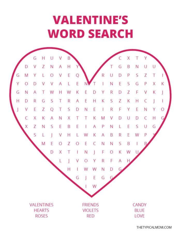 Discover the heart-shaped Valentine Word Search puzzle, titled Valentines Word Search. Find words like Valentines, Hearts, Roses, Friends, Violets, Red, Candy, Blue, and Love. The word bank is conveniently located at the heart's bottom.