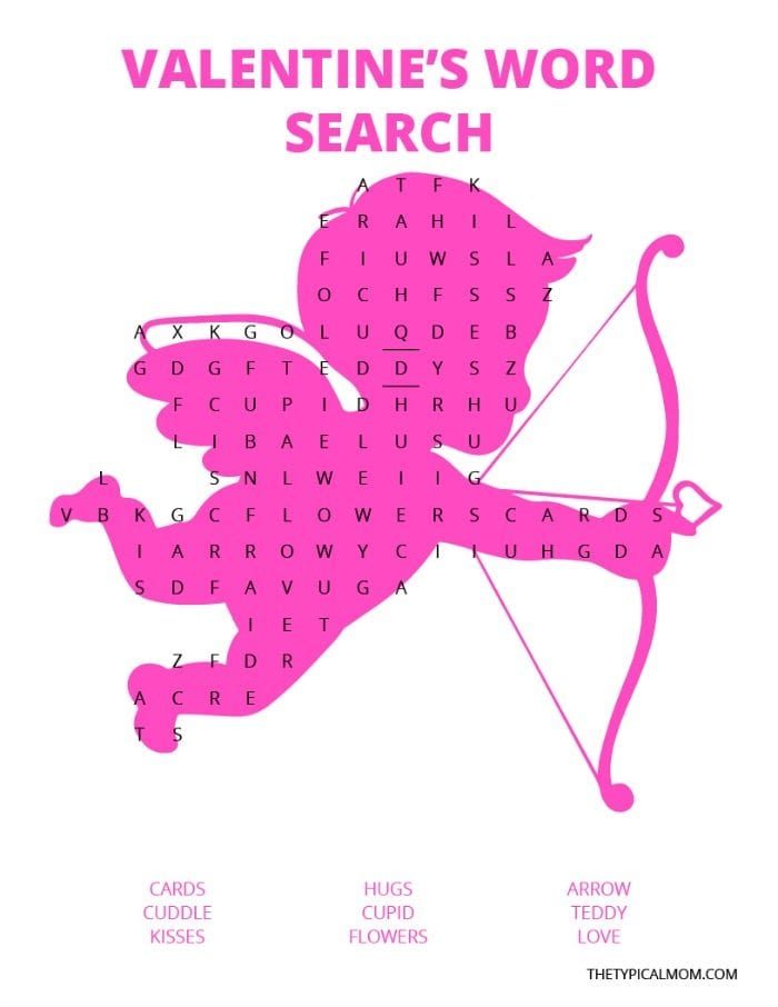 A delightful pink valentine word search puzzle shaped like Cupid with a bow and arrow. Find romantic words such as cards, cuddle, kisses, hugs, cupid, flowers, arrow, teddy, and love. solid for celebrating the season of affection!