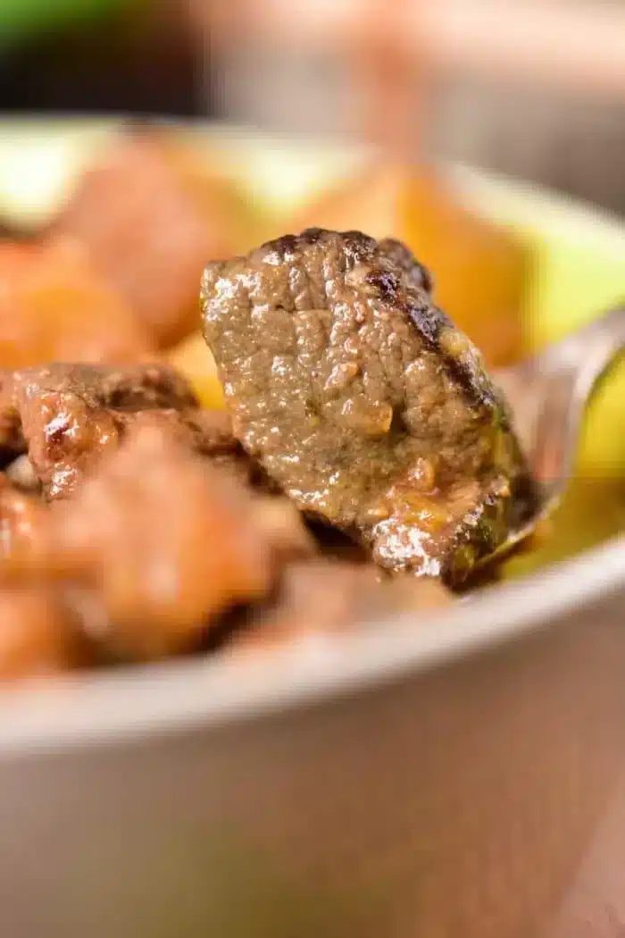 A close-up image of a spoon lifting a piece of cooked venison from a dish. The meat is part of a hearty venison stew, with other pieces visible in the blurred background. The meat is brown and looks well-cooked, inviting you to try this good venison stew recipe.