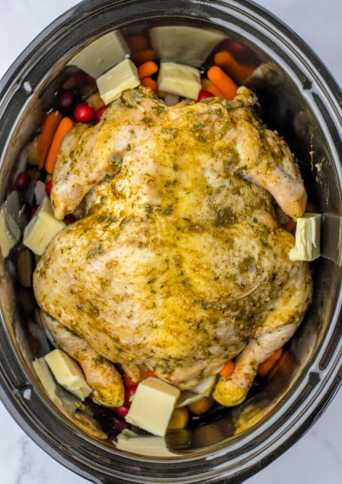 A whole chicken crockpot dish features a raw seasoned bird in a slow cooker, accompanied by carrots, red potatoes, cranberries, and chunks of butter.