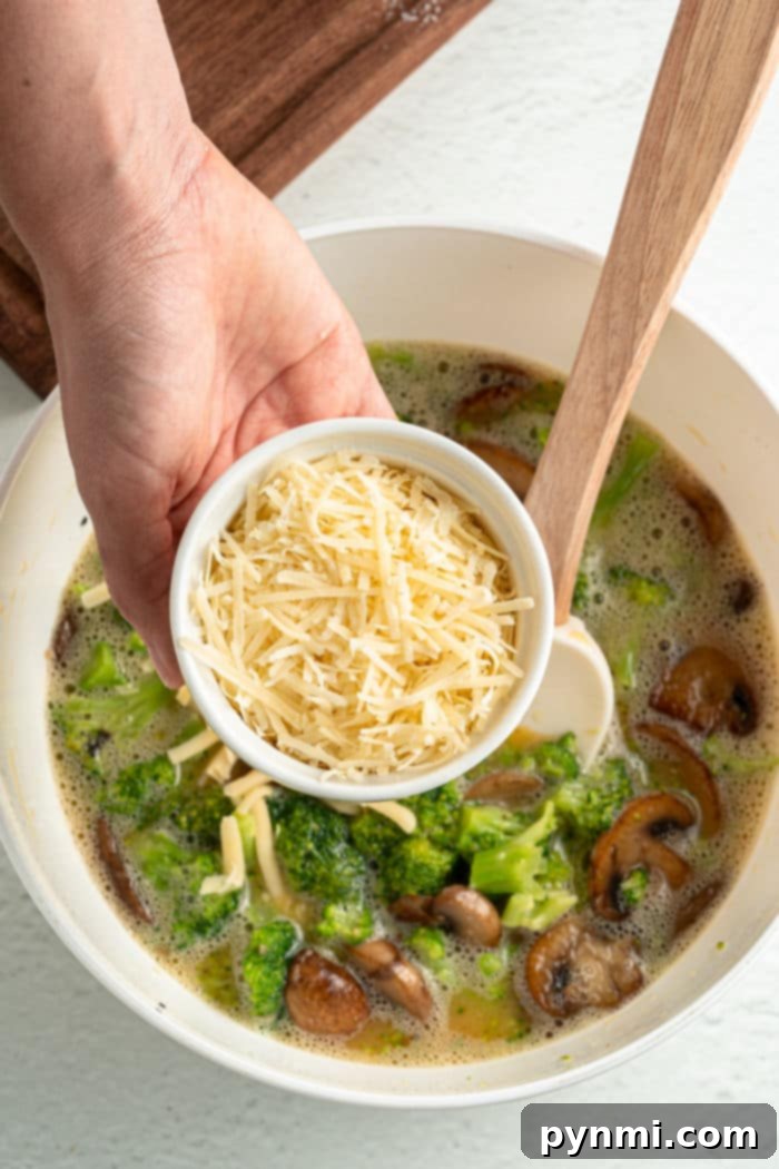 Close-up of a crustless broccoli quiche with visible fluffy texture