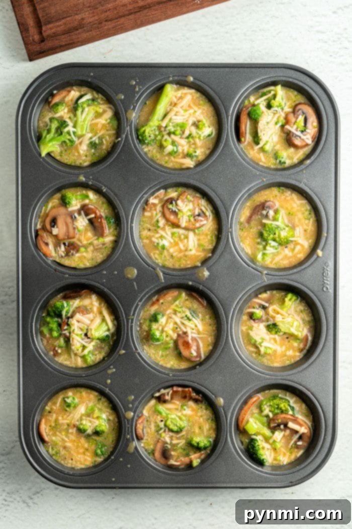 Step-by-step image of how to make crustless quiche in a muffin tin
