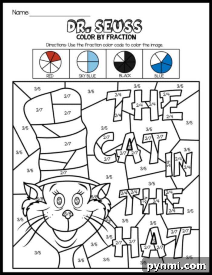 Dr. Seuss's Numbered Coloring Whimsy 2 Cat in the Hat color by number activity sheet