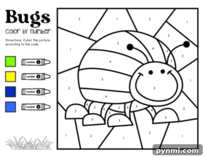 Awesome Free Printable Insect Coloring Pages for Kids 2 Free printable insect color by number page featuring a variety of bugs like a bee, butterfly, and ladybug.