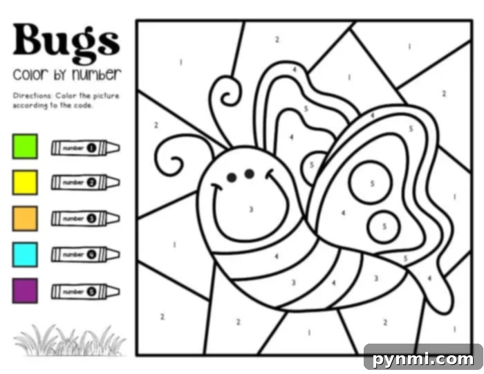 Awesome Free Printable Insect Coloring Pages for Kids 5 Vibrant butterfly color by number page with various sections for different colors.