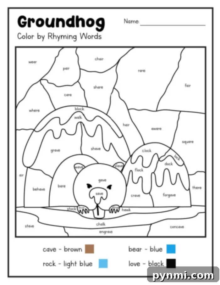 Groundhog Day Colorful Adventures 5 Close-up of a completed Groundhog Day Coloring Sheet, showcasing detailed coloring