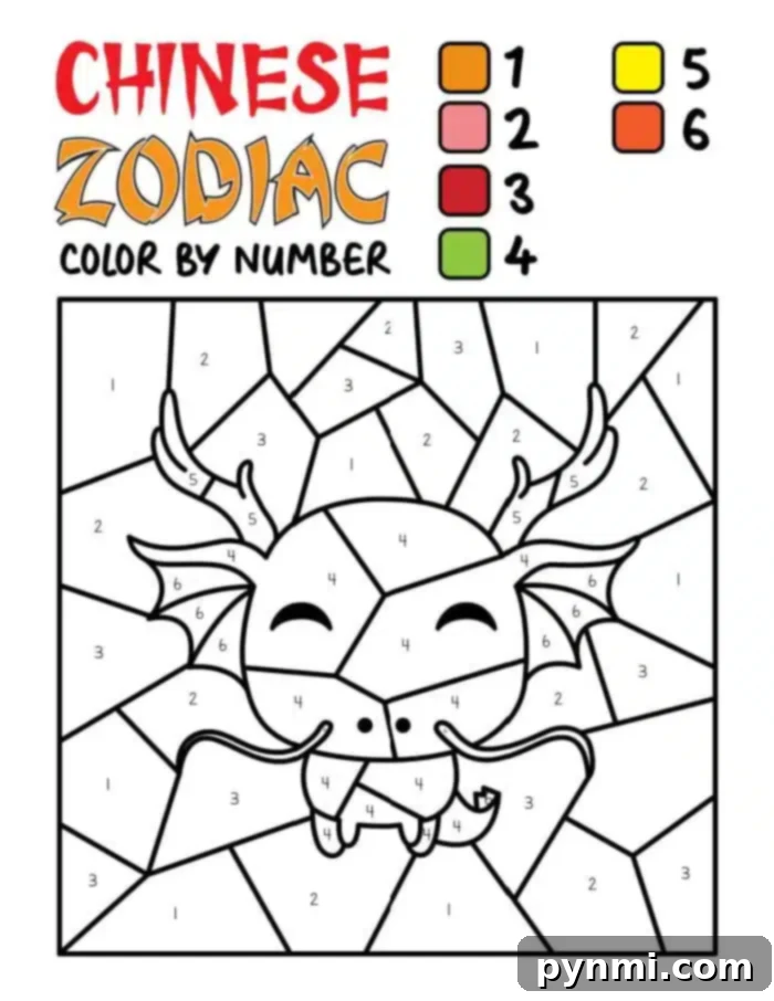 This Chinese New Year Coloring Page features a color-by-number image of a cartoon creature with antlers, labeled Chinese Zodiac. The background is segmented and numbered from 1 to 6, with a color key guiding you through shades of orange, red, yellow, and green.