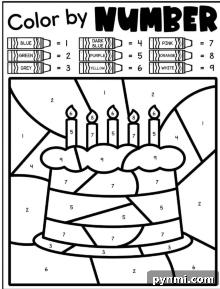 Birthday cake color by number activity for children