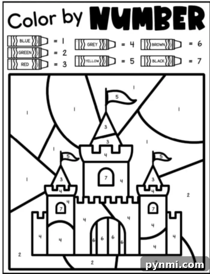 Detailed castle color by number activity for advanced learners