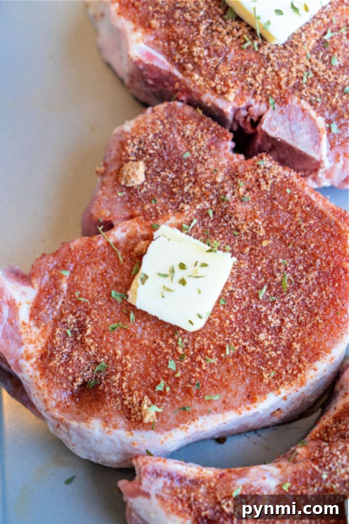 Perfectly baked 2-inch thick pork chops, glistening and ready to rest for ultimate juiciness
