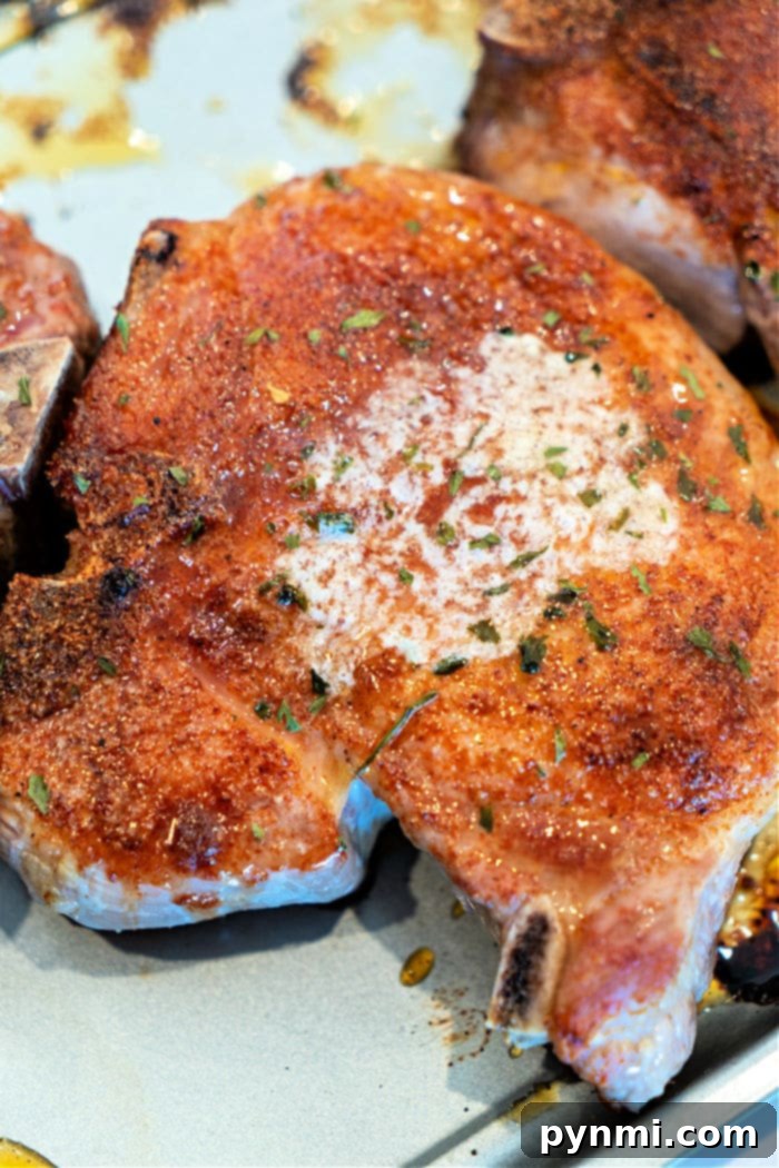 Two thick-cut pork chops on a grill, sizzling with a savory dry rub, showcasing a beautiful crust.