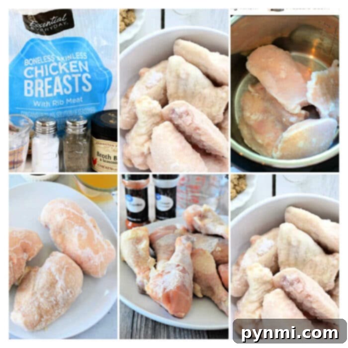 A collage of images demonstrating how to cook frozen chicken breasts in various stages of preparation. The top-left image shows a package of boneless, skinless chicken breasts and a variety of seasonings. Other images depict the frozen chicken in bowls and a pot.