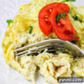 A plate of cheesy slow cooker chicken enchiladas topped with sliced tomatoes and cilantro, with a fork cutting into it.