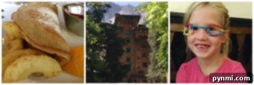 A triptych showing delicious crepes, The Ahwahnee Hotel, and a child smiling in Yosemite, highlighting things to do in Yosemite with kids beyond hiking.