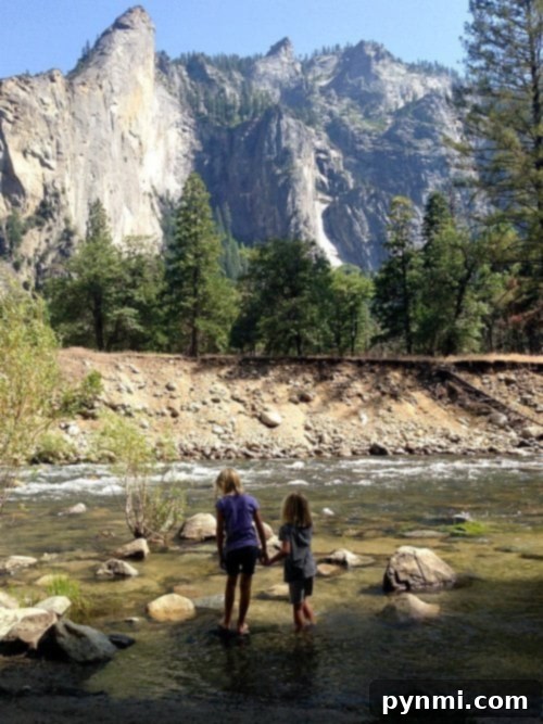 Kids playing in the river with scenic Yosemite views, highlighting diverse things to do in Yosemite.
