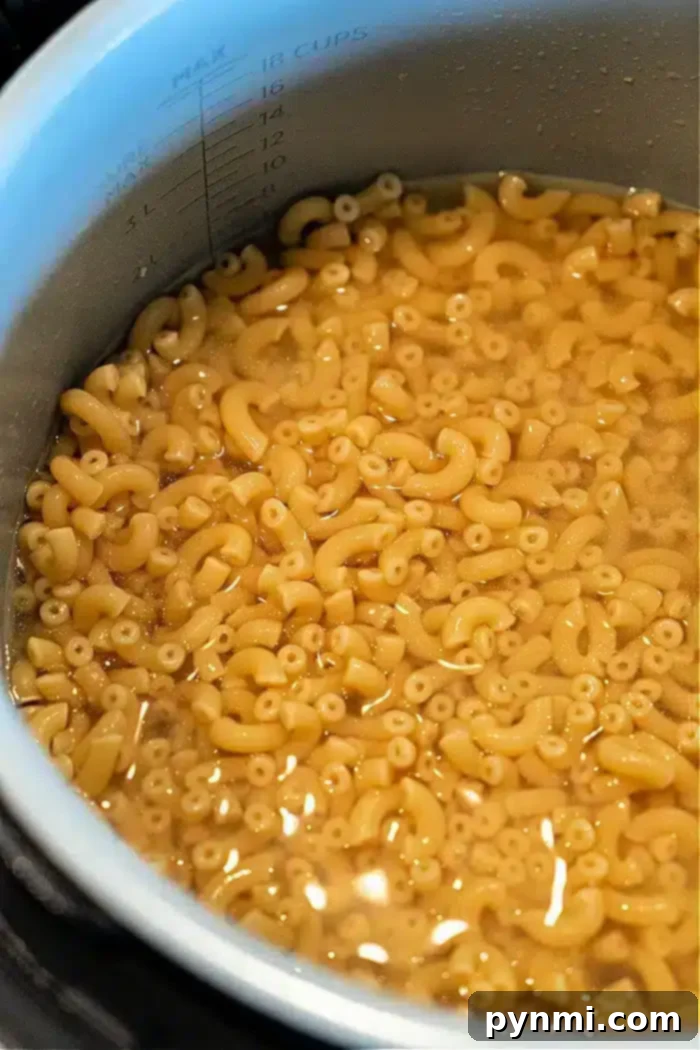 A pot filled with elbow macaroni pasta sits in water up to the 18-cup mark, perfect for making a delicious batch of Ninja Foodi butter noodles, indicating the pasta is being cooked or soaked.