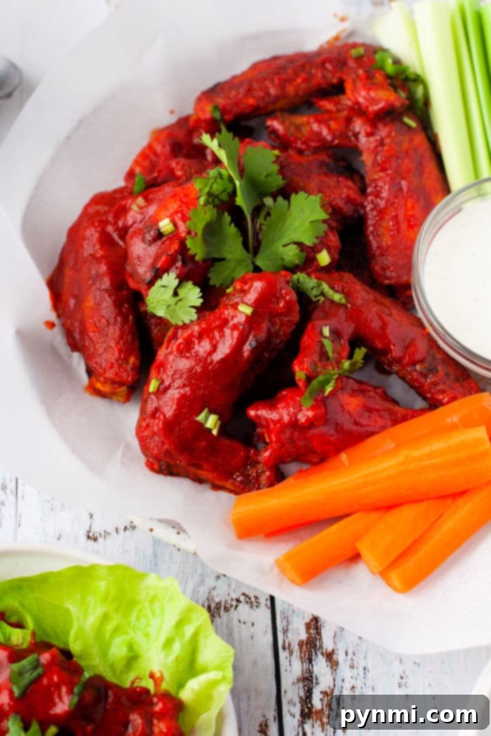 A plate of spicy buffalo chicken wings, enhanced with a hint of Asian chicken wing sauce and garnished with cilantro, is served with carrot sticks and celery. A bowl of tangy dipping sauce sits on the side, beautifully arranged on a white parchment-lined plate.