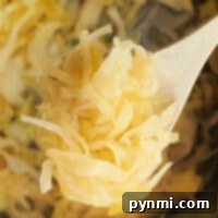 Close-up of sauerkraut on a wooden spoon above a pot filled with more sauerkraut, capturing the essence of a quick sauerkraut recipe.