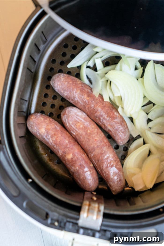 Air Fryer Frozen Sausage, served with sides on a plate.
