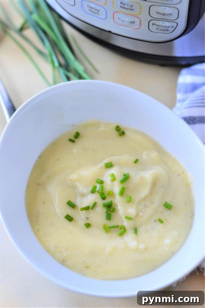 Velvety Instant Pot Potato Leek Comfort 2 Creamy Instant Pot Potato Leek Soup, garnished with fresh herbs, in a rustic bowl.