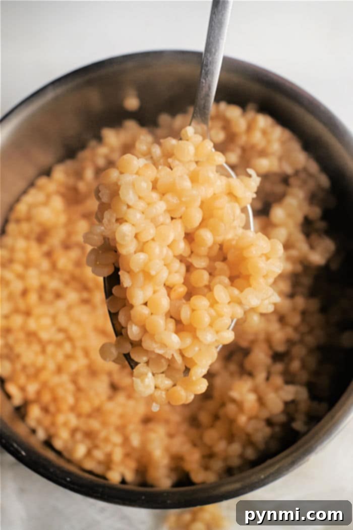 Perfect Pearl Couscous Every Time 2 How to Cook Pearl Couscous - A bowl of fluffy pearl couscous ready to serve, highlighting its tender texture.