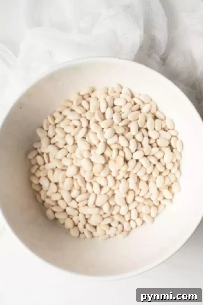 Creamy Northern White Beans 3 A pristine white bowl filled with dried Great Northern beans sits on a light-colored surface, showcasing their untouched, ready-to-be-prepared state before soaking or cooking.