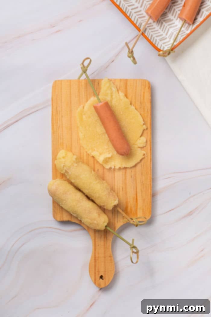 Homemade Corn Dogs with Bisquick dough wrapped around hot dogs