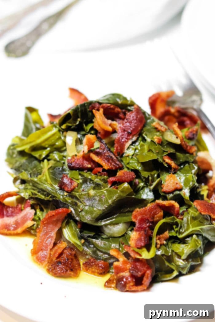 Soulful Slow Cooker Collard Greens 7 Close-up of slow cooker collard greens with bacon garnish