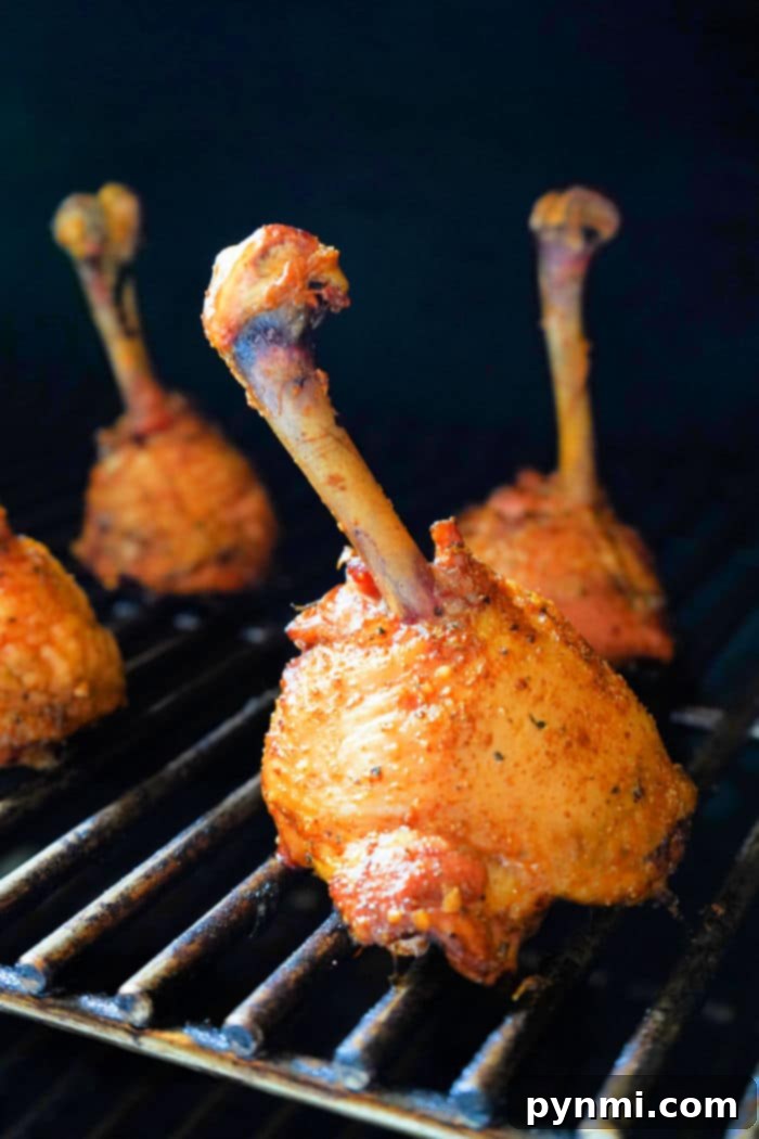 Smoky Chicken Lollipops 5 Smoked Chicken Drumsticks standing upright on a smoker grate, ready to cook.