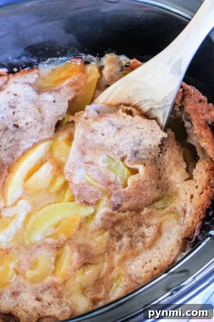 Effortless Crockpot Cobbler 2 A close-up of Crockpot Cobbler with Frozen Fruit. A wooden spoon scoops out a portion, revealing sliced peaches and a golden-brown, crumbly crust. The dessert appears warm and freshly made.