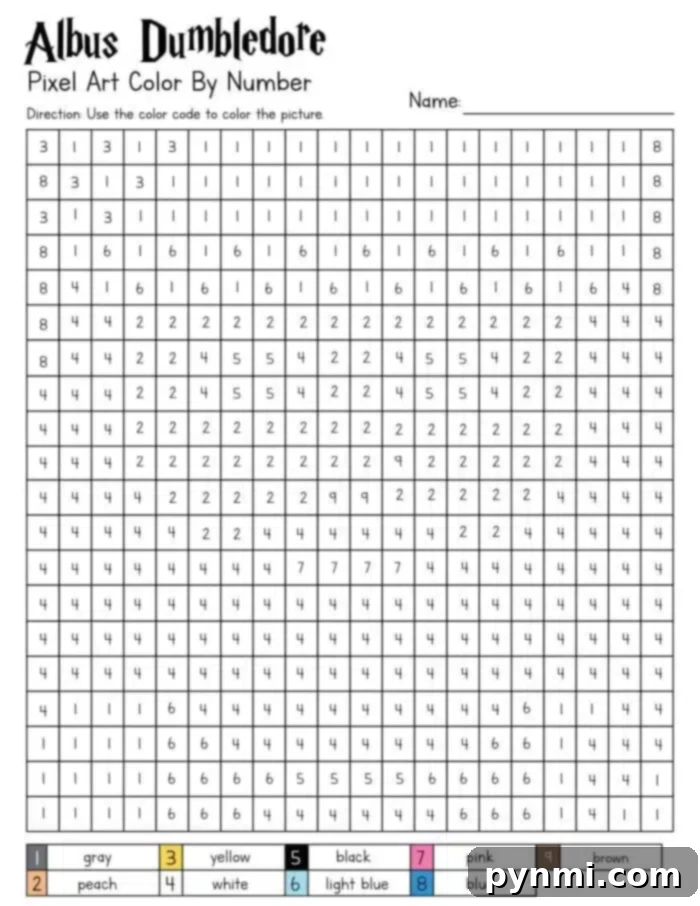 Harry Potter Pixelated Coloring Book 3 Detailed color-by-number grid for Harry Potter Pixel Art featuring Albus Dumbledore. The grid uses numbers 1-8, with a color key indicating gray, peach, yellow, white, black, light blue, pink, and brown. Various sections of the image are filled with these digits, guiding the coloring process to reveal the character.