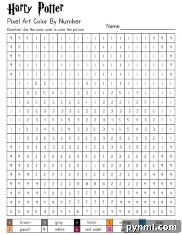 Harry Potter Pixelated Coloring Book 4 A black and white Harry Potter Color by Number pixel art grid, waiting to be filled with color. The grid features numbers in each square, corresponding to a color key not fully visible in this image. The outline of a character is faintly discernible through the grid structure.