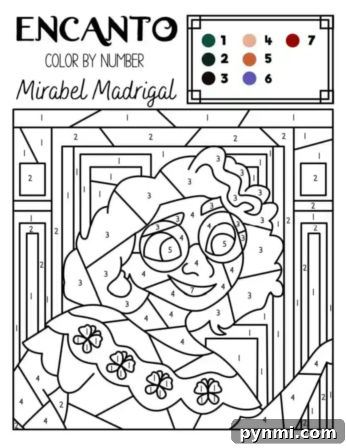 Bring Encanto to Life with Color 2 Encanto Coloring Page featuring a character named Mirabel Madrigal. The character has glasses and curly hair, and wears a garment with floral decorations. The top of the page includes a color key with numbers corresponding to seven different colors.