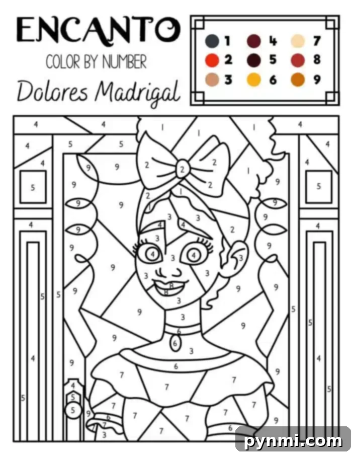 Bring Encanto to Life with Color 3 An Encanto Coloring Page featuring Dolores Madrigal from the movie "Encanto." This Color by Number page includes numbered segments with a color key to guide you. Dolores, sporting a bow on her head and a cheerful expression, invites you to bring her colorful world to life.