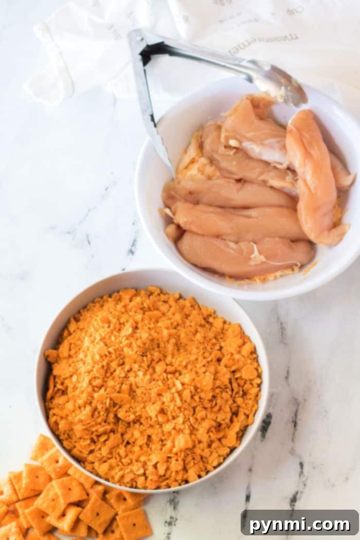 Chicken tenders coated in a creamy mixture and crushed cheesy crackers.