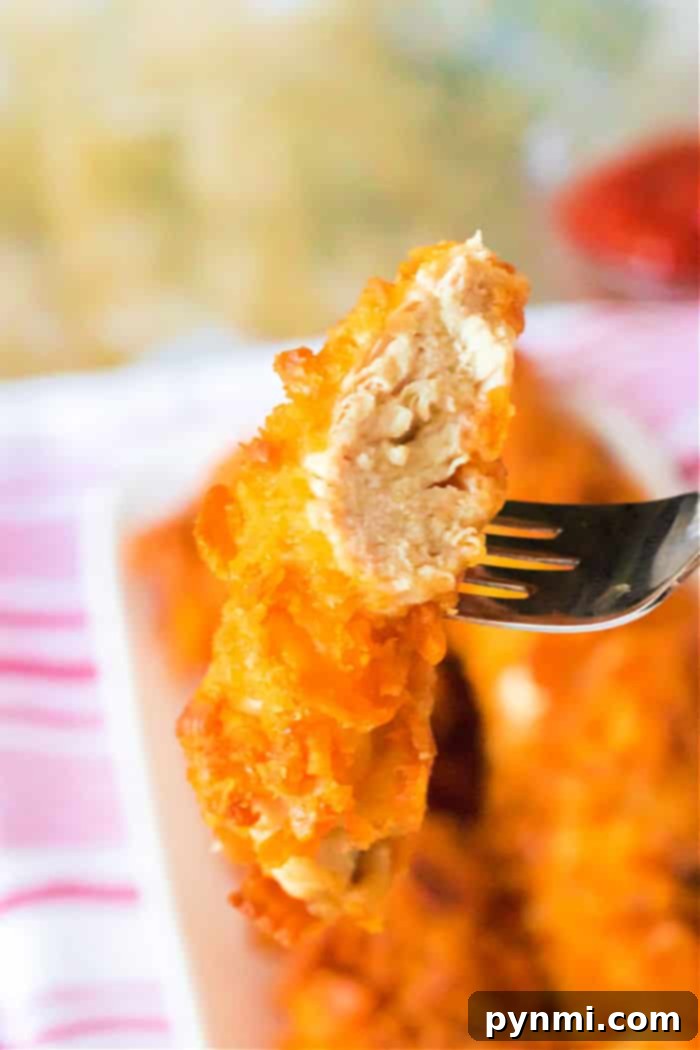 Crispy Cheez-its Chicken Tenders on a serving plate, ready to be picked up.
