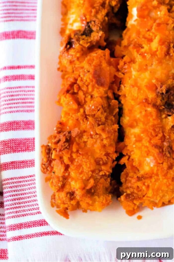 A perfectly golden and crispy Cheese-It Chicken Tender on a plate with fresh parsley garnish.