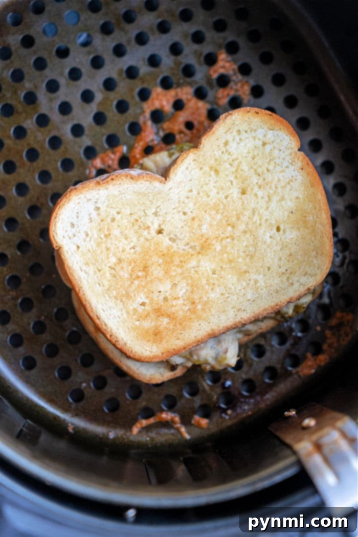 Crispy Air-Fried Tuna Sandwich 11 A perfectly golden-brown Ninja Air Fryer Tuna Melt, showcasing its delightful crispy bread and gooey melted cheese, fresh out of the air fryer, ready to be enjoyed.