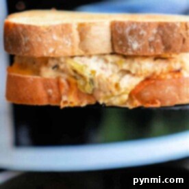 A close-up of a perfectly toasted air fryer tuna melt. The bread is golden brown and crunchy, with the delicious melted cheese and tuna filling peeking from a bitten corner.