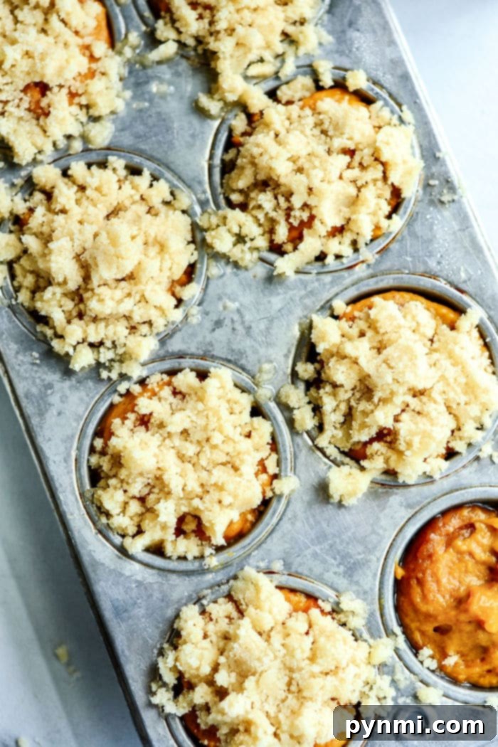 Three Libby's Pumpkin Muffins adorned with a golden crumb topping and a dusting of powdered sugar, presented on a white plate with cinnamon sticks.