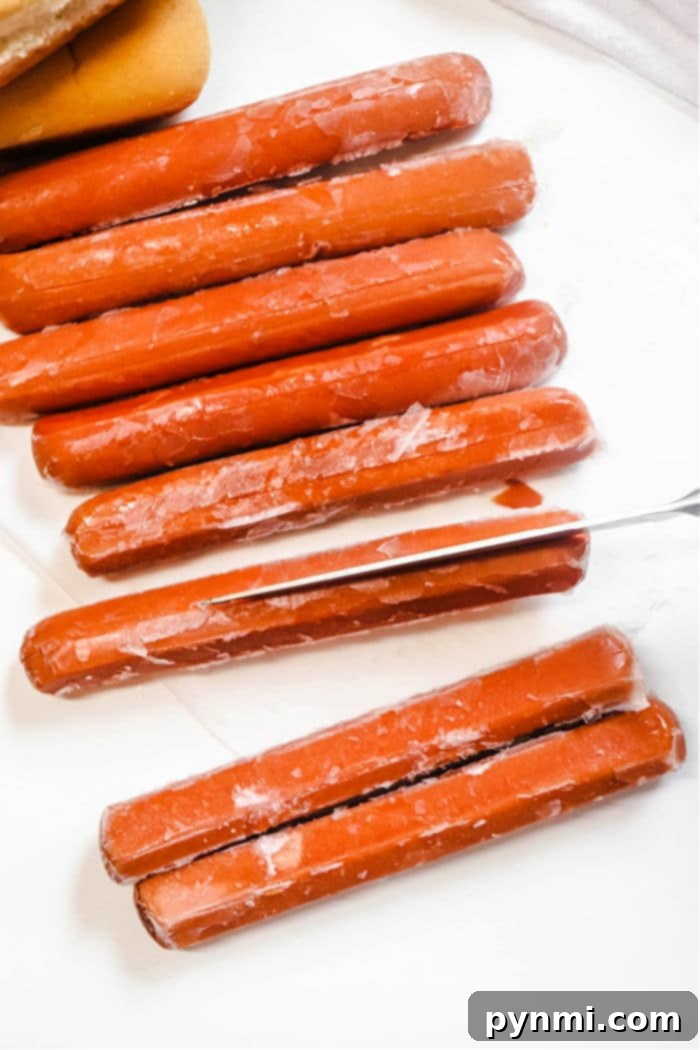 Crispy frozen hot dogs cooked in an air fryer.