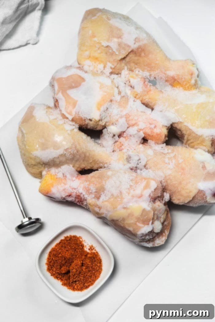 A basket of an air fryer filled with seasoned frozen chicken legs, ready for cooking to achieve a perfect crispy exterior and tender interior.