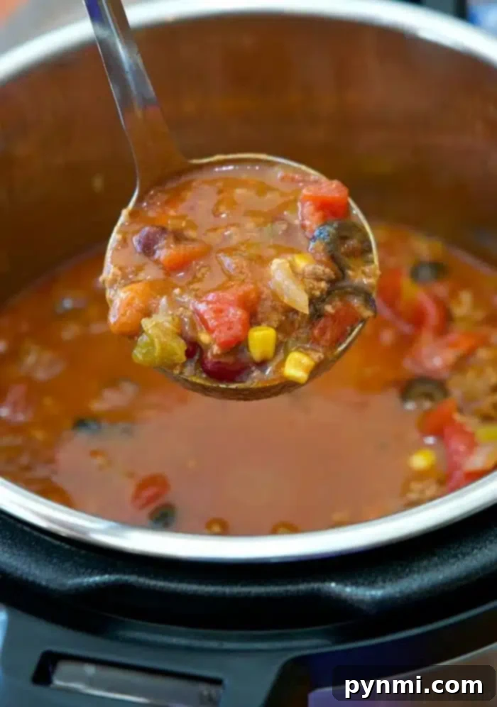 Creative Leftover Taco Meat Meals 4 A ladle filled with hearty stew, crafted from leftover taco meat, hovers above a pot. The stew combines tomatoes, corn, and black beans in a rich broth. This delicious creation simmers perfectly within an electric pressure cooker.