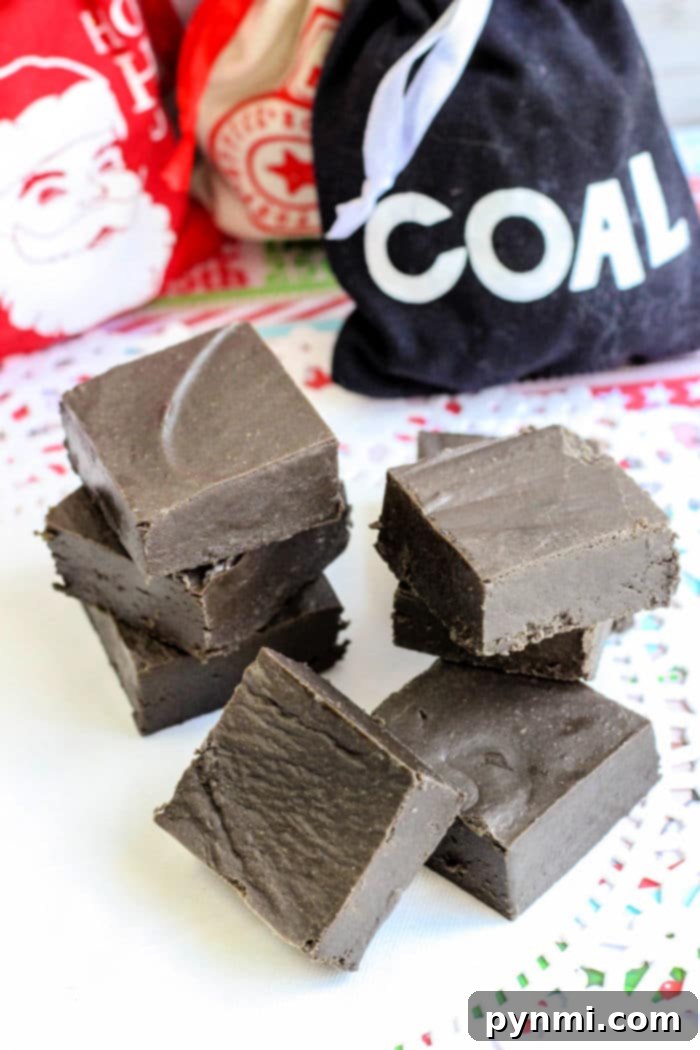 Decadent Dark Fudge 6 A festive display of Christmas Coal Fudge, perfectly shaped