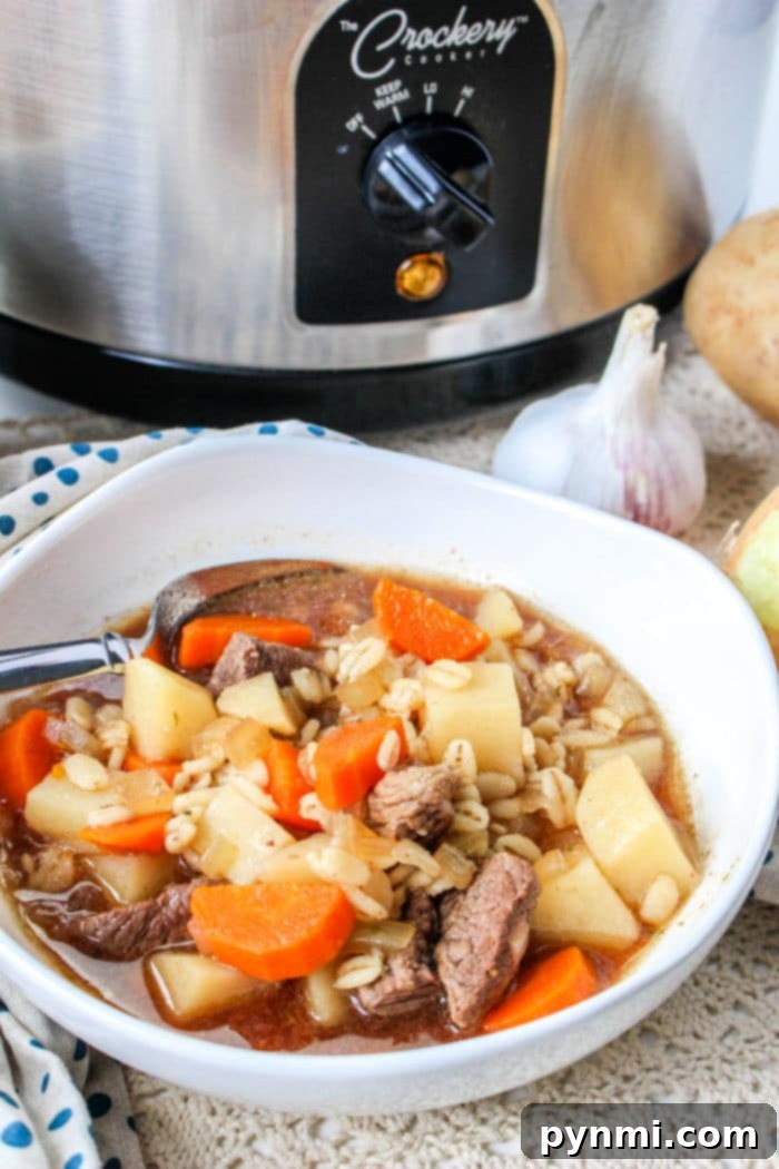 Hearty Slow Cooker Beef and Barley Soup 6 A comforting bowl of beef soup with carrots and potatoes sits invitingly in front of a crockpot, reminiscent of a hearty beef barley soup.