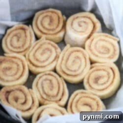 Unbaked Slow Cooker Cinnamon Rolls arranged in a round baking pan lined with parchment paper.