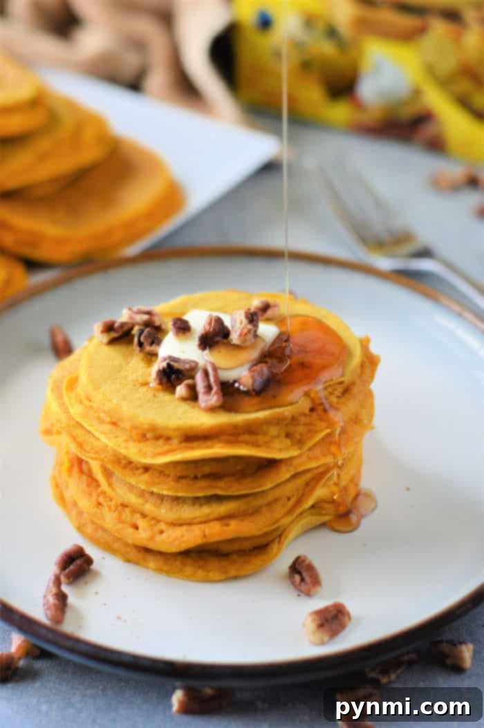 A close-up of light and airy Bisquick pumpkin puff pancakes, showcasing their appealing texture and golden finish, ready for a delicious breakfast.